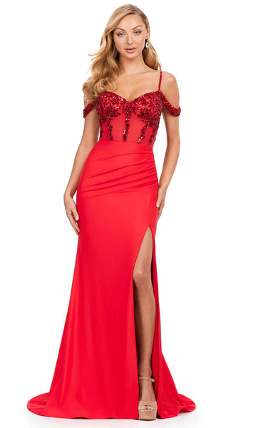 Sophisticated V-neck Jersey Cold Shoulder Sleeves Spaghetti Strap Beaded Sheer Open-Back Back Zipper Sequined Slit Mermaid Corset Natural Waistline Prom Dress with a Brush/Sweep Train