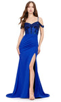 Sophisticated V-neck Mermaid Cold Shoulder Sleeves Spaghetti Strap Corset Natural Waistline Open-Back Beaded Slit Back Zipper Sheer Sequined Jersey Prom Dress with a Brush/Sweep Train