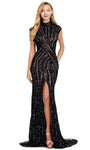 Natural Waistline Slit Beaded Fitted Sheath Geometric Print High-Neck Cap Sleeves Sheath Dress with a Brush/Sweep Train