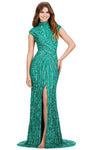 Cap Sleeves Sheath Geometric Print High-Neck Natural Waistline Fitted Beaded Slit Sheath Dress with a Brush/Sweep Train