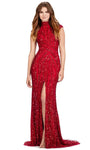 High-Neck Natural Waistline Fitted Slit Beaded Sheath Cap Sleeves Geometric Print Sheath Dress with a Brush/Sweep Train