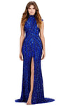 High-Neck Sheath Slit Beaded Fitted Geometric Print Natural Waistline Cap Sleeves Sheath Dress with a Brush/Sweep Train