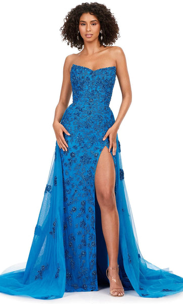Sophisticated A-line Strapless Floor Length Sweetheart Natural Waistline Fitted Beaded Slit Tulle Evening Dress