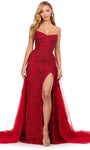 Sophisticated A-line Strapless Floor Length Natural Waistline Tulle Slit Beaded Fitted Sweetheart Evening Dress