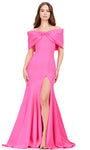 Mermaid Natural Waistline Floor Length Off the Shoulder Slit Pleated Prom Dress with a Brush/Sweep Train With a Bow(s)