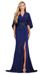 V-neck Fitted Ruched Beaded Slit Mermaid Crepe Natural Waistline Evening Dress