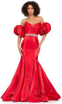 V-neck Strapless Jeweled Open-Back Fitted Belted Satin Mermaid Natural Princess Seams Waistline Puff Sleeves Sleeves Short Sweetheart Evening Dress with a Brush/Sweep Train