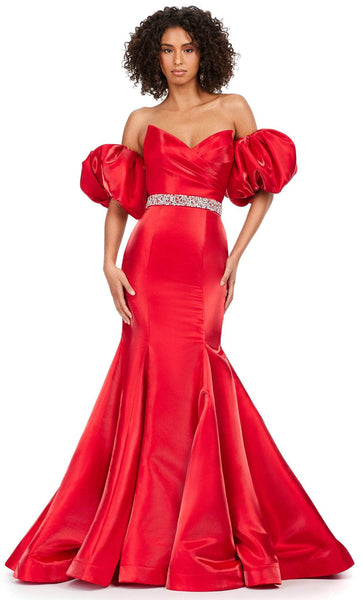 V-neck Strapless Satin Short Sweetheart Puff Sleeves Sleeves Natural Princess Seams Waistline Mermaid Fitted Jeweled Belted Open-Back Evening Dress with a Brush/Sweep Train
