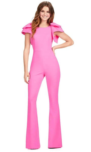Sophisticated Natural Princess Seams Waistline Scoop Neck Fitted Back Zipper Fit-and-Flare Jumpsuit With a Bow(s)