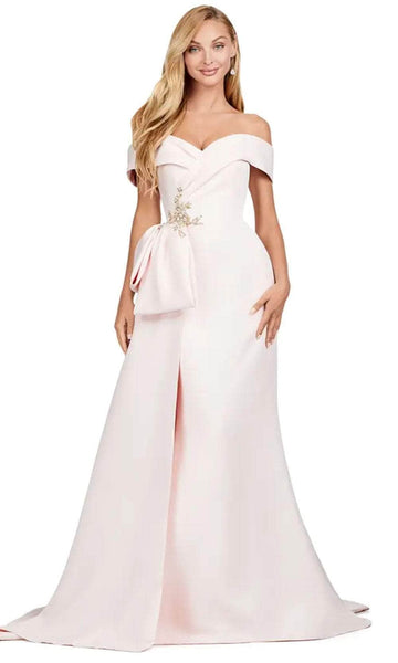 Sophisticated Mermaid Off the Shoulder Sweetheart Hidden Back Zipper Fitted Beaded Satin Natural Waistline Dress with a Brush/Sweep Train With a Bow(s)