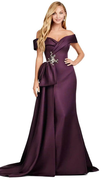 Sophisticated Off the Shoulder Mermaid Natural Waistline Satin Sweetheart Beaded Hidden Back Zipper Fitted Dress with a Brush/Sweep Train With a Bow(s)