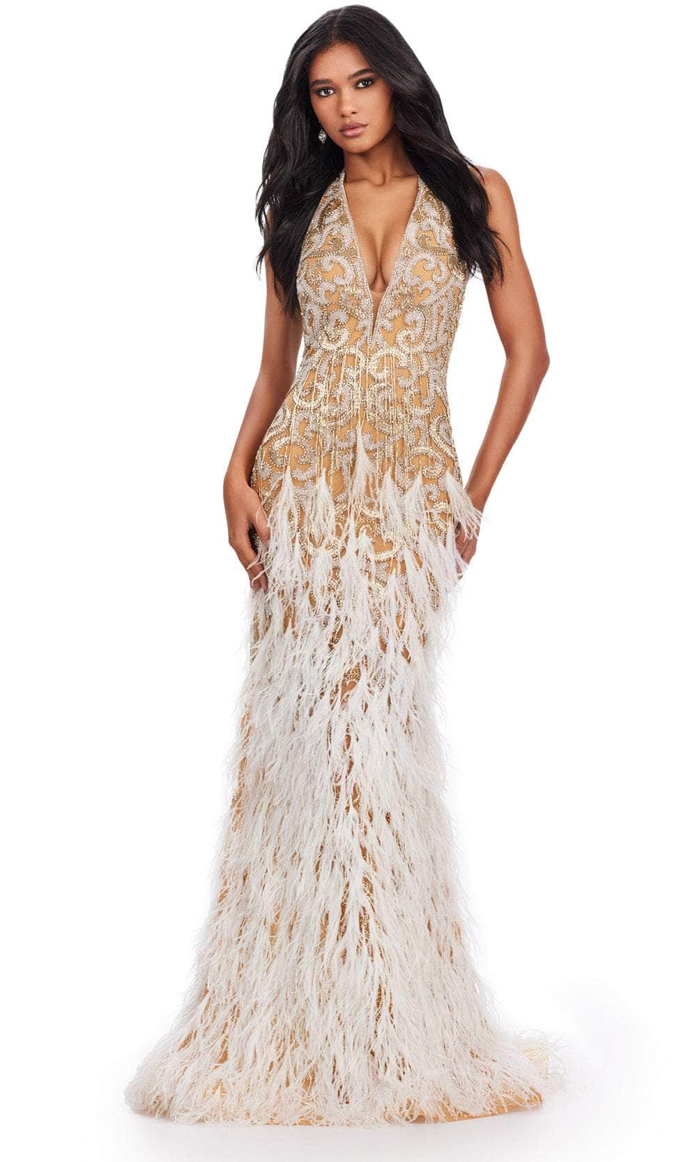 Ashley Lauren 11514 - Fringe Embellished Halter Neck Prom Gown
