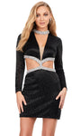 Long Sleeves Cocktail Short Illusion Back Zipper Cutout Mesh Beaded Natural Waistline Sheath Collared High-Neck Plunging Neck Sheath Dress