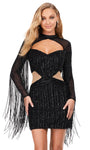 Long Sleeves Cocktail Short Natural Waistline Sheath Sweetheart Cutout Beaded Illusion Fitted Sequined Goddess Sheath Dress