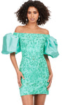 Taffeta Natural Waistline Puff Sleeves Sleeves Off the Shoulder Open-Back Back Zipper Beaded Fitted Sheath Cocktail Short Sheath Dress