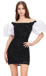 Taffeta Sheath Puff Sleeves Sleeves Off the Shoulder Natural Waistline Cocktail Short Open-Back Fitted Back Zipper Beaded Sheath Dress