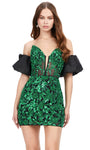 Sophisticated Strapless Sheath Sheer Beaded Cocktail Short Puff Sleeves Sleeves Sweetheart Corset Natural Waistline Sheath Dress