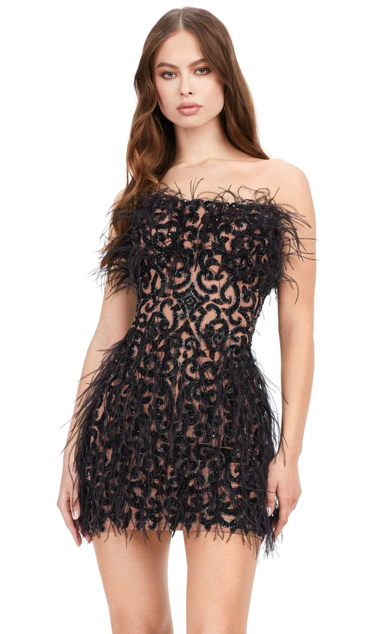 Ashley Lauren 4615 - Beaded Strapless Feather Cocktail Dress
