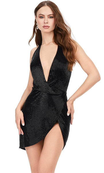 Sexy V-neck Backless Beaded Draped Slit Fitted Wrap Halter Plunging Neck Sleeveless Natural Waistline Cocktail Above the Knee Sheath Sheath Dress
