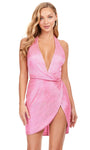 Sexy V-neck Halter Plunging Neck Sleeveless Sheath Natural Waistline Draped Fitted Slit Wrap Backless Beaded Cocktail Above the Knee Sheath Dress