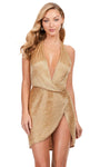 Sexy V-neck Draped Backless Beaded Fitted Wrap Slit Natural Waistline Cocktail Above the Knee Sleeveless Sheath Halter Plunging Neck Sheath Dress