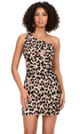 Fitted Beaded Lace-Up Asymmetric One Shoulder Sheath Animal Cheetah Print Cocktail Short Natural Waistline Sheath Dress