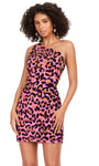 One Shoulder Sheath Cocktail Short Fitted Beaded Lace-Up Asymmetric Natural Waistline Animal Cheetah Print Sheath Dress