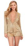 V-neck Mesh Crystal Beaded Natural Waistline Long Sleeves Short Plunging Neck Romper