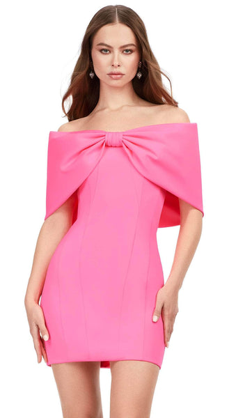 Sophisticated Cocktail Short Natural Waistline Off the Shoulder Fitted Sheath Sheath Dress With a Bow(s)