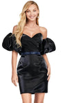 Sophisticated V-neck Sheath Cocktail Short Sweetheart Puff Sleeves Sleeves Off the Shoulder Satin Natural Waistline Fitted Crystal Pleated Back Zipper Sheath Dress