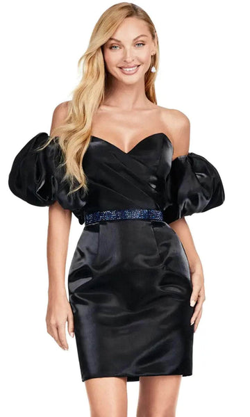 Sophisticated V-neck Cocktail Short Sweetheart Satin Puff Sleeves Sleeves Off the Shoulder Sheath Natural Waistline Fitted Pleated Crystal Back Zipper Sheath Dress