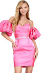 Sophisticated V-neck Sweetheart Sheath Puff Sleeves Sleeves Off the Shoulder Satin Natural Waistline Fitted Pleated Crystal Back Zipper Cocktail Short Sheath Dress