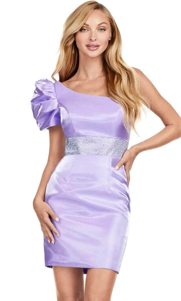 Sophisticated Natural Princess Seams Waistline Sheath Satin Puff Sleeves Sleeves One Shoulder Fitted Asymmetric Back Zipper Short Sheath Dress/Party Dress