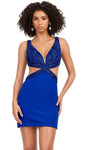 V-neck Jersey Fitted Beaded Lace-Up Cutout Sheath Sleeveless Plunging Neck Cocktail Short Natural Waistline Sheath Dress