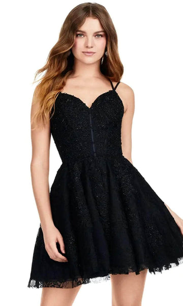 Sophisticated A-line Natural Waistline Crystal Sequined Open-Back Hidden Back Zipper Lace-Up Pocketed Lace Cocktail Short Sweetheart Sleeveless Homecoming Dress
