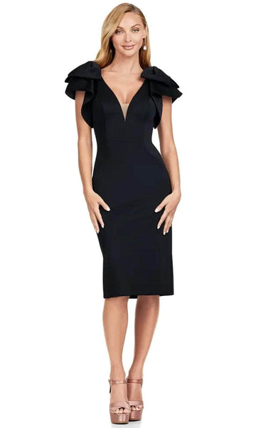 Sophisticated V-neck Sheer Slit Fitted Above the Knee Sheath Natural Waistline Plunging Neck Sheath Dress With a Bow(s)