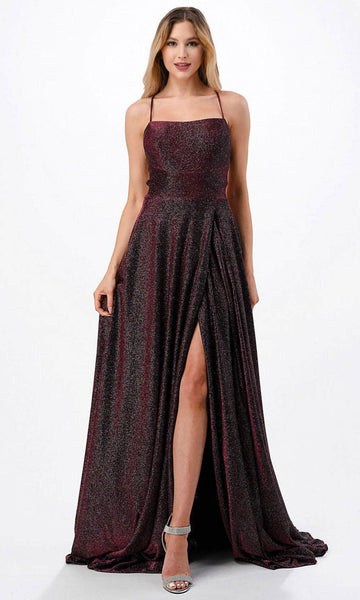 A-line Square Neck Lace-Up Slit Wrap Backless Glittering Sleeveless Spaghetti Strap Empire Waistline Floor Length Evening Dress with a Brush/Sweep Train