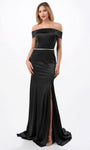 Sexy Cap Sleeves Off the Shoulder Floor Length Beaded Belted Slit Back Zipper Open-Back Sheath Natural Princess Seams Waistline Sheath Dress/Evening Dress with a Brush/Sweep Train