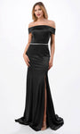 Sexy Floor Length Back Zipper Beaded Belted Slit Open-Back Cap Sleeves Off the Shoulder Natural Princess Seams Waistline Sheath Sheath Dress/Evening Dress with a Brush/Sweep Train