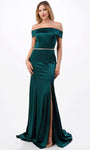 Sexy Floor Length Sheath Open-Back Belted Beaded Back Zipper Slit Natural Princess Seams Waistline Cap Sleeves Off the Shoulder Sheath Dress/Evening Dress with a Brush/Sweep Train