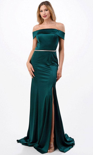 Sexy Slit Open-Back Back Zipper Belted Beaded Floor Length Natural Princess Seams Waistline Cap Sleeves Off the Shoulder Sheath Sheath Dress/Evening Dress with a Brush/Sweep Train