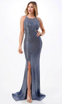 Tall Spaghetti Strap Mermaid Sequined Slit Open-Back Metallic Halter Natural Waistline Evening Dress with a Brush/Sweep Train