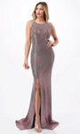 Tall Halter Sequined Slit Open-Back Spaghetti Strap Natural Waistline Metallic Mermaid Evening Dress with a Brush/Sweep Train