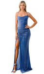 Tall Sleeveless Spaghetti Strap Drawstring Ruched Lace-Up Glittering Slit Self Tie Metallic Natural Waistline Cowl Neck Sheath Floor Length Sheath Dress/Evening Dress