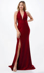 Sexy V-neck Sleeveless Halter Plunging Neck Sheath Floor Length Natural Tie Waist Waistline Ruched Slit Open-Back Sheer Self Tie Sheath Dress/Evening Dress/Prom Dress with a Brush/Sweep Train