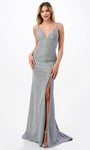 Sophisticated V-neck Sleeveless Natural Waistline Sheath Plunging Neck Floor Length Slit Lace-Up Back Zipper Open-Back Sheer Fitted Sheath Dress/Prom Dress with a Brush/Sweep Train