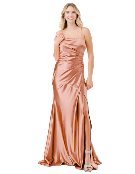 Floor Length Sleeveless Spaghetti Strap Slit Pleated Back Zipper Fitted Straight Neck Natural Waistline Sheath Satin Sheath Dress/Evening Dress with a Brush/Sweep Train