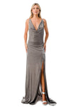 Tall Metallic Open-Back Glittering Hidden Back Zipper Slit Sleeveless Cowl Neck Natural Waistline Sheath Floor Length Sheath Dress/Evening Dress/Prom Dress with a Brush/Sweep Train