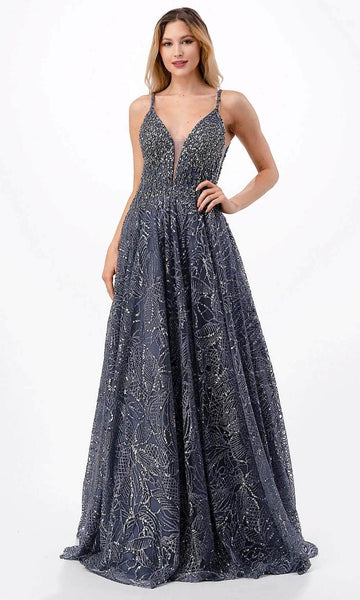 A-line V-neck Floral Print Spaghetti Strap Plunging Neck Natural Waistline Back Zipper Illusion Glittering Beaded Open-Back Prom Dress with a Brush/Sweep Train