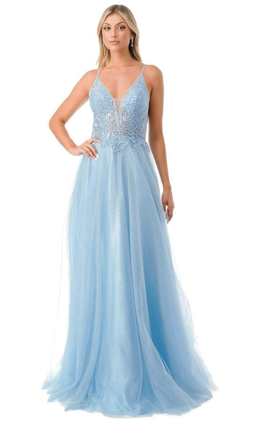 A-line V-neck Natural Waistline Applique Embroidered Tiered Open-Back Glittering Back Zipper Illusion Spaghetti Strap Prom Dress with a Brush/Sweep Train With Rhinestones